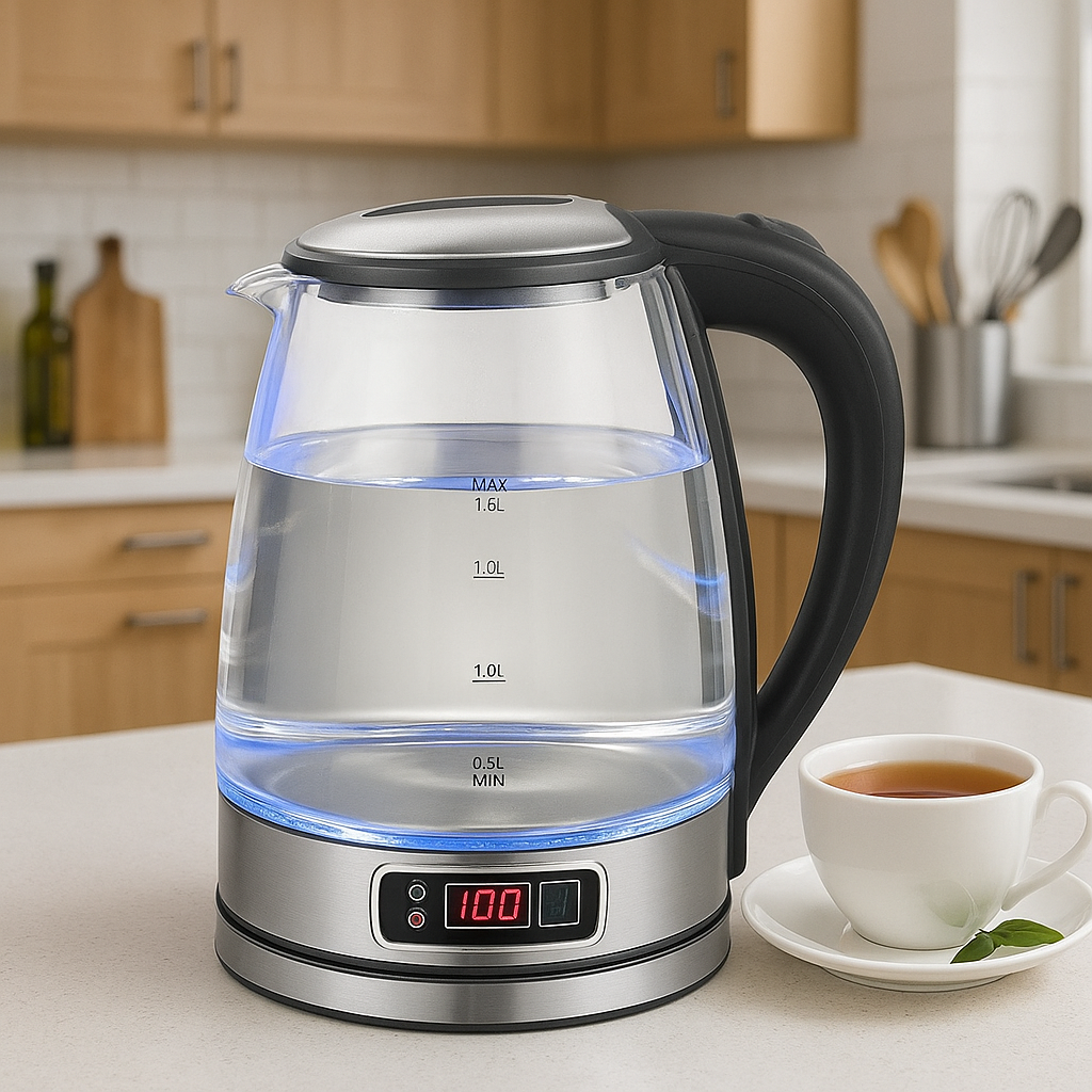 kitchef Bouilloire Électrique En Verre,1.8 litre inox verre 1500 watt LED ecran digital